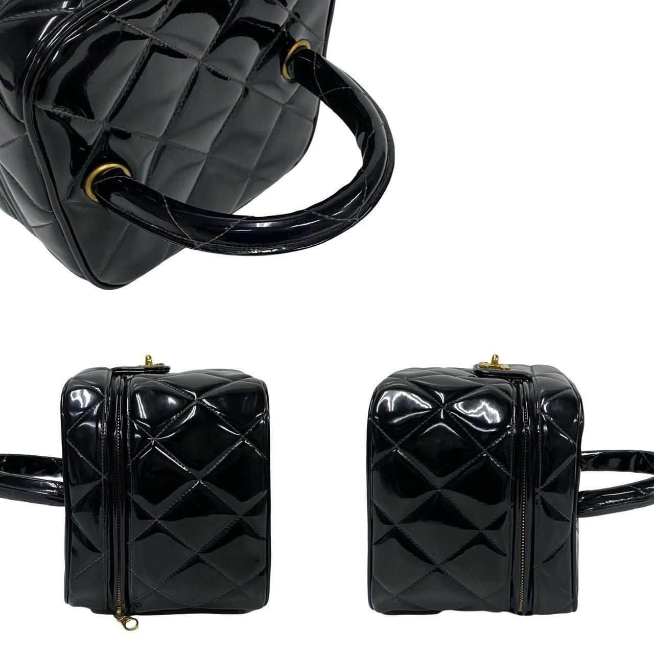 Black quilted handbag and two small black bags on a white background