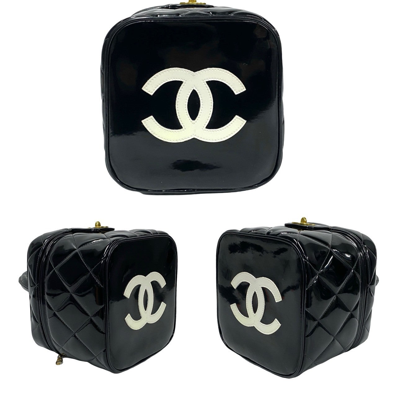 Black quilted handbags with white Chanel logo on a white background