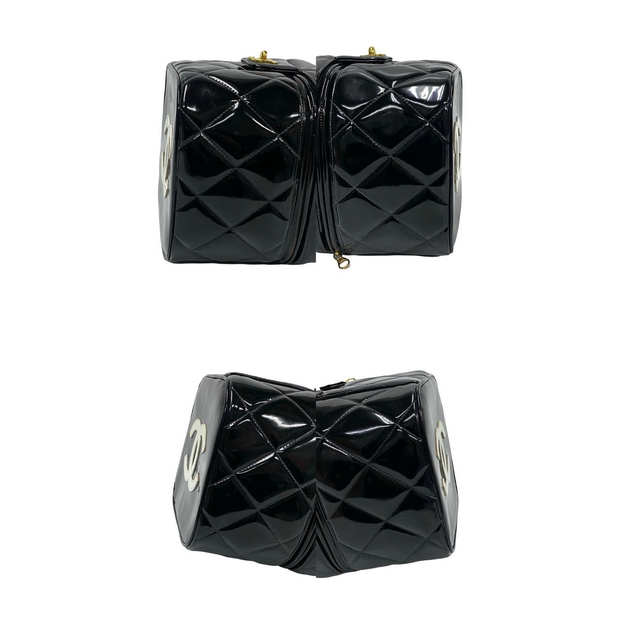 Black quilted handbag with gold hardware on a white background