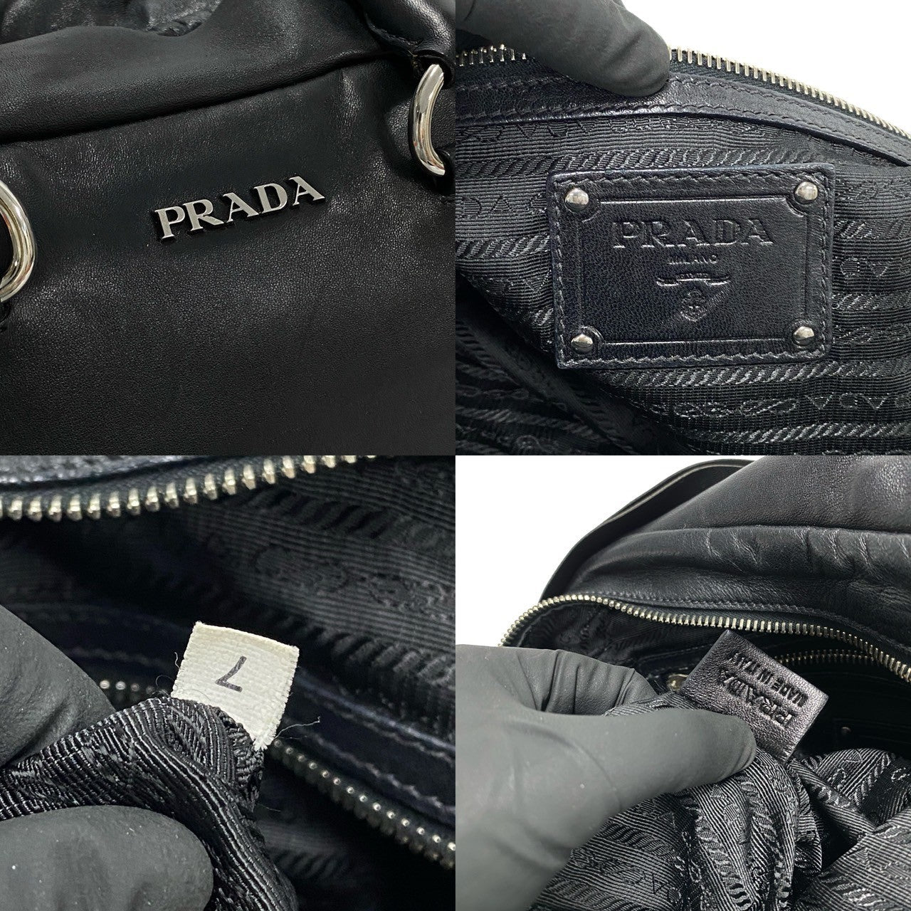 Collage of a Prada handbag with close-up details on texture and branding.