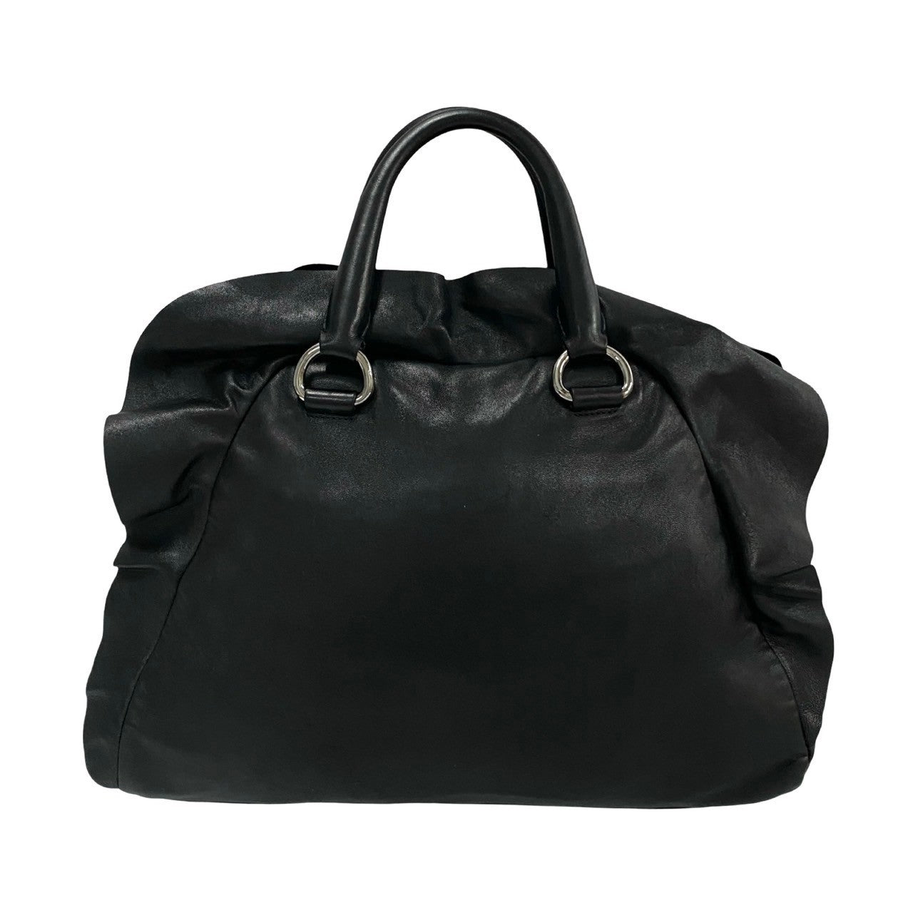 Black leather handbag with handles on a white background