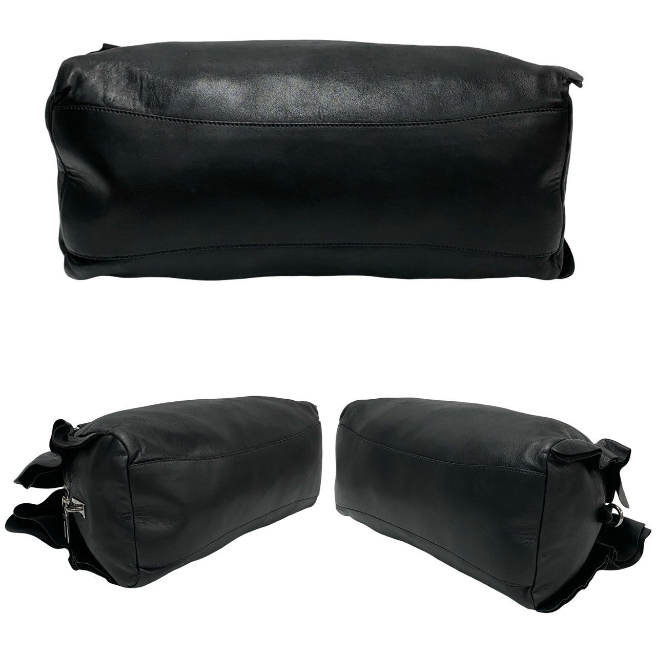 Black leather duffel bag shown from multiple angles on a white background