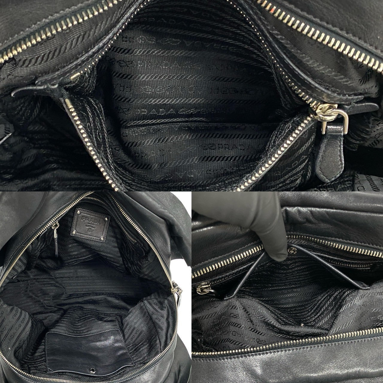 Collage of a black leather bag with Prada branding, showing interior and exterior details.
