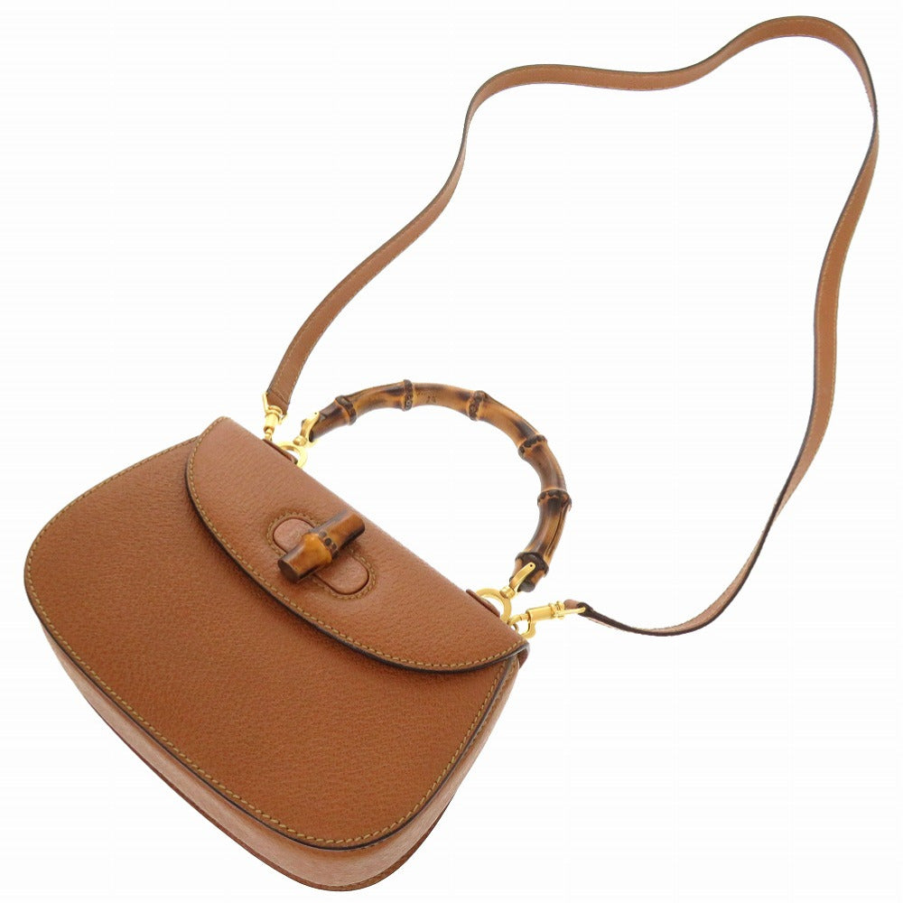 front Gucci Camel Leather 2-Way Bamboo Handbag