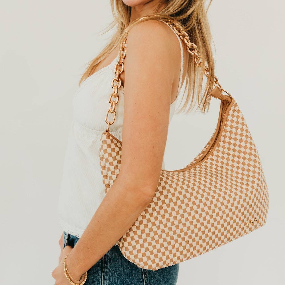 Sienna Slouchy Woven Shoulder Bag – Chain Detail | Boutique | New: Checkered Tan