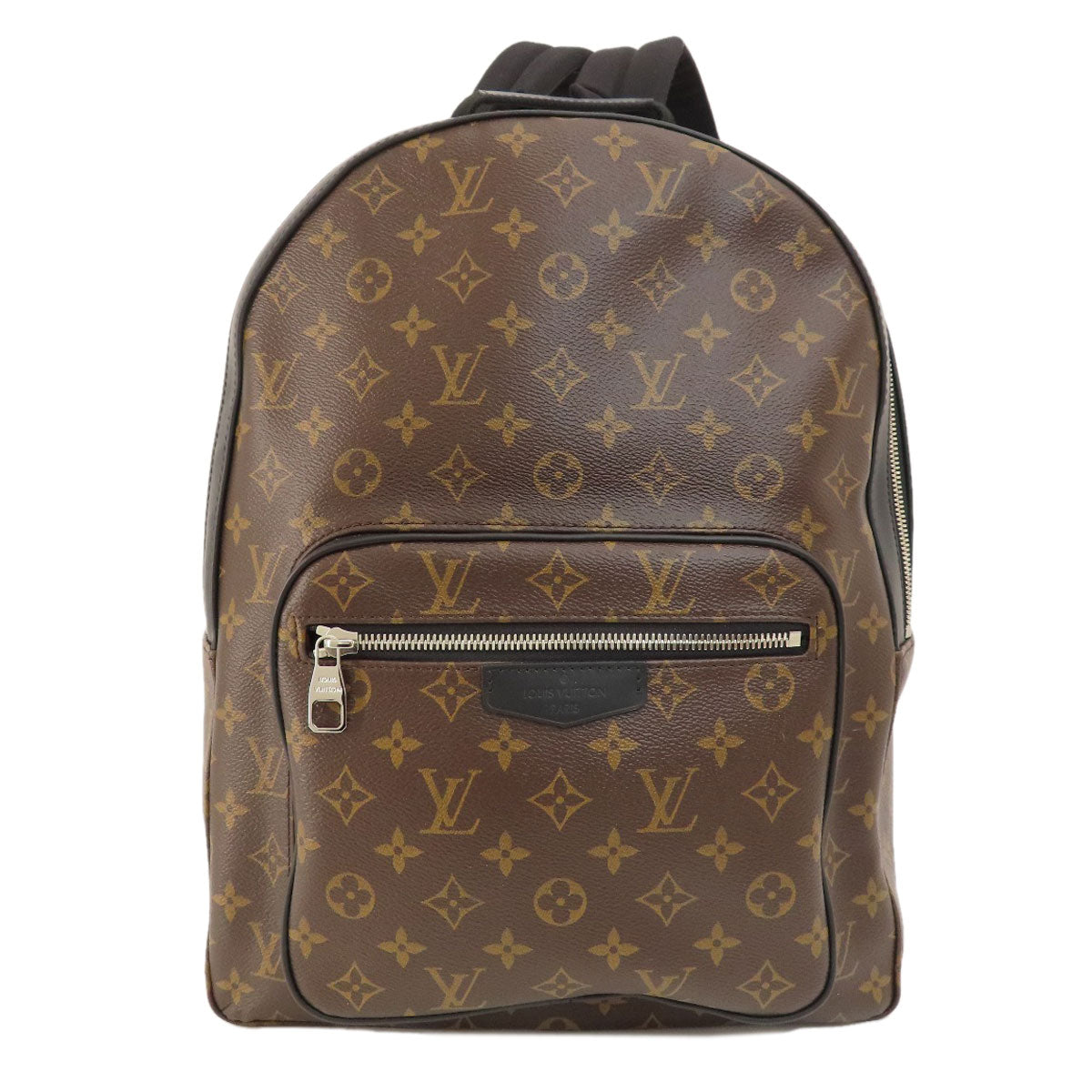 Brown backpack with monogram pattern on a white background