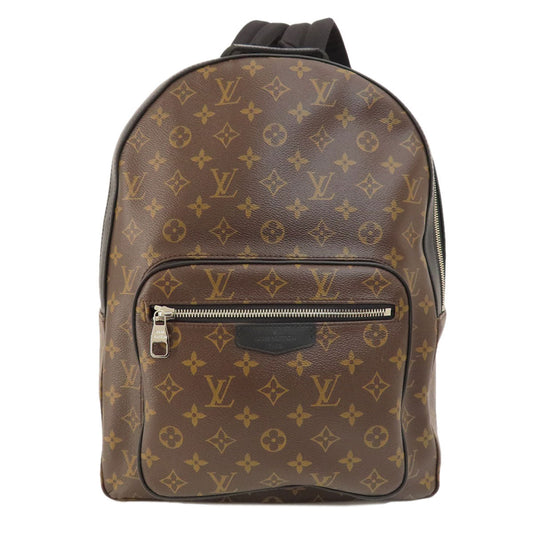 Brown backpack with monogram pattern on a white background