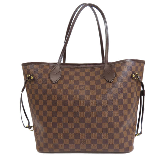 Brown checkered handbag with gold accents on a white background