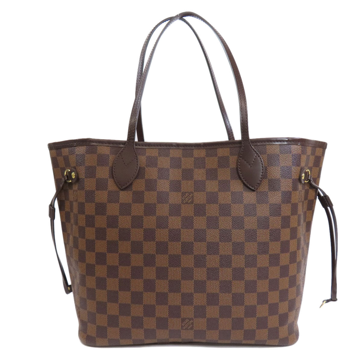 Brown checkered handbag with brand logo on a white background