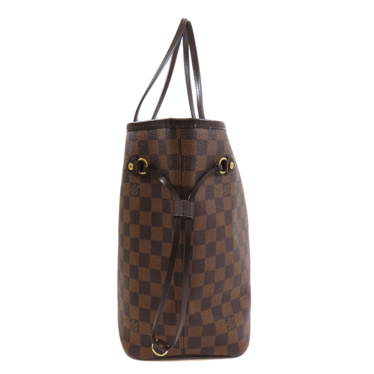 Brown checkered handbag with gold accents on a white background