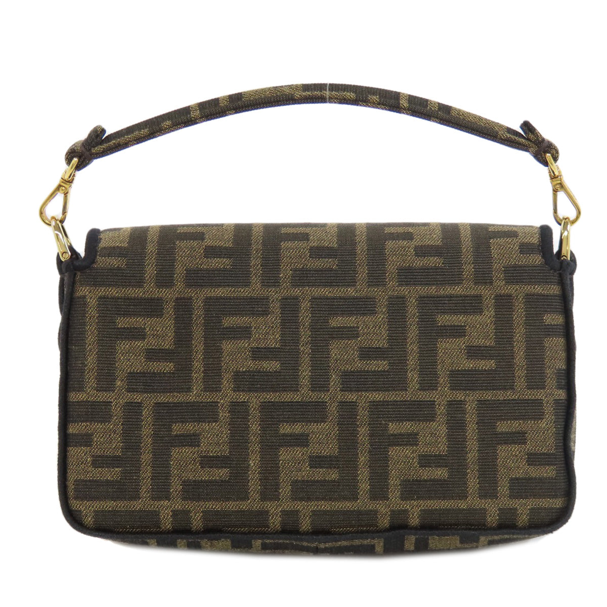 Designer handbag with a prominent logo pattern on a white background