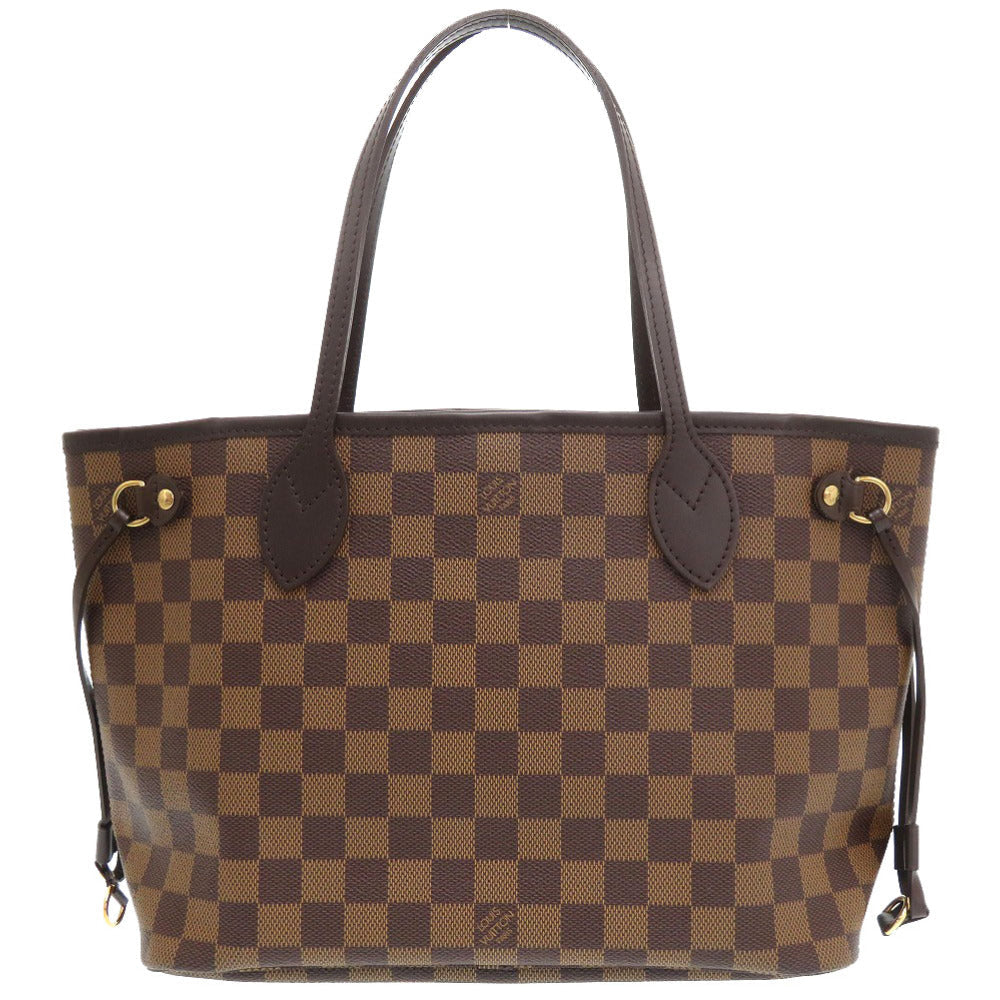 Brown checkered handbag with gold accents on a white background