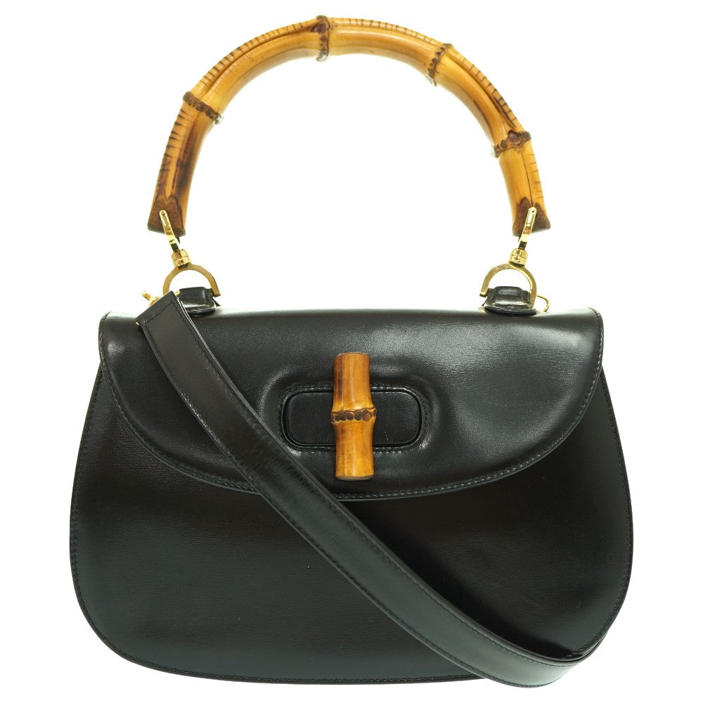 Gucci Handbag Black Leather Bamboo Handle Gold Hardware