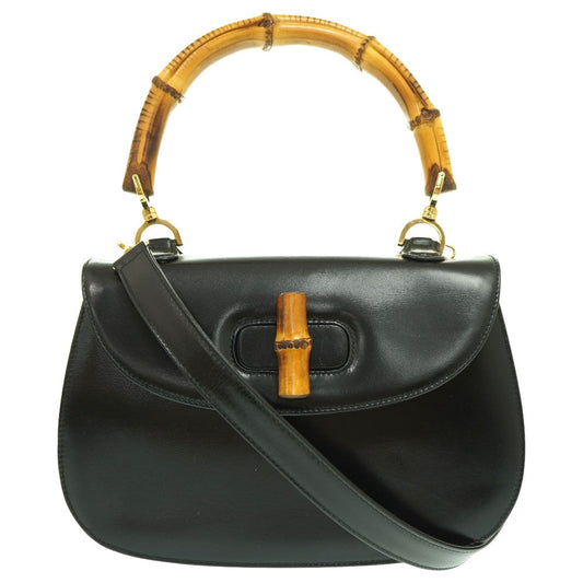 Gucci Handbag Black Leather Bamboo Handle Gold Hardware
