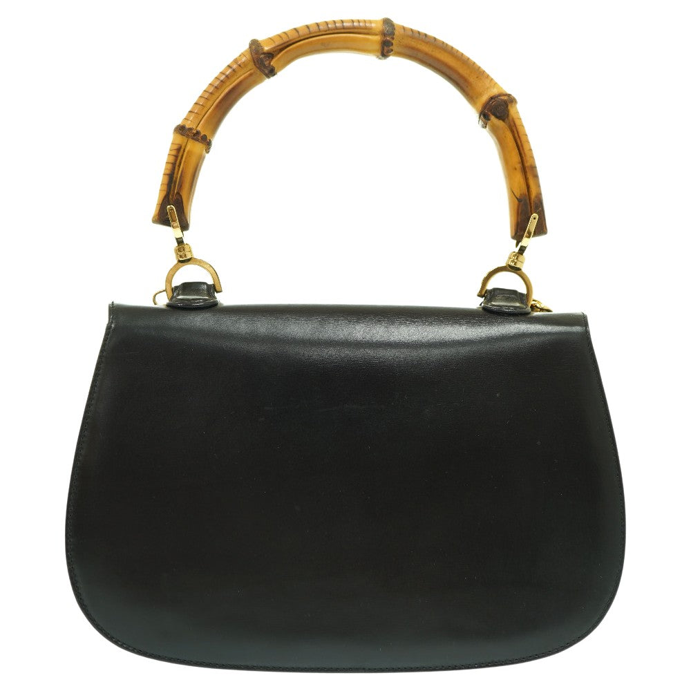 back Gucci Handbag Black Leather Bamboo Handle Gold Hardware