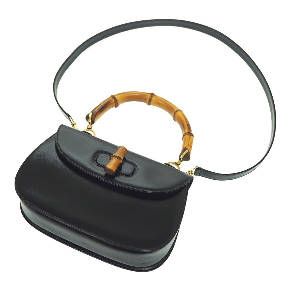 front Gucci Handbag Black Leather Bamboo Handle Gold Hardware