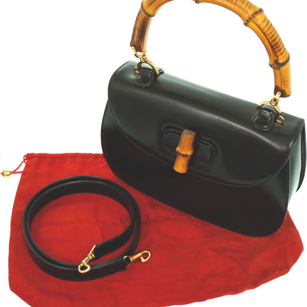 dustbag Gucci Handbag Black Leather Bamboo Handle Gold Hardware