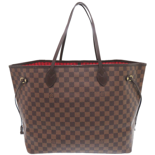 Brown checkered tote bag with red interior lining on a white background