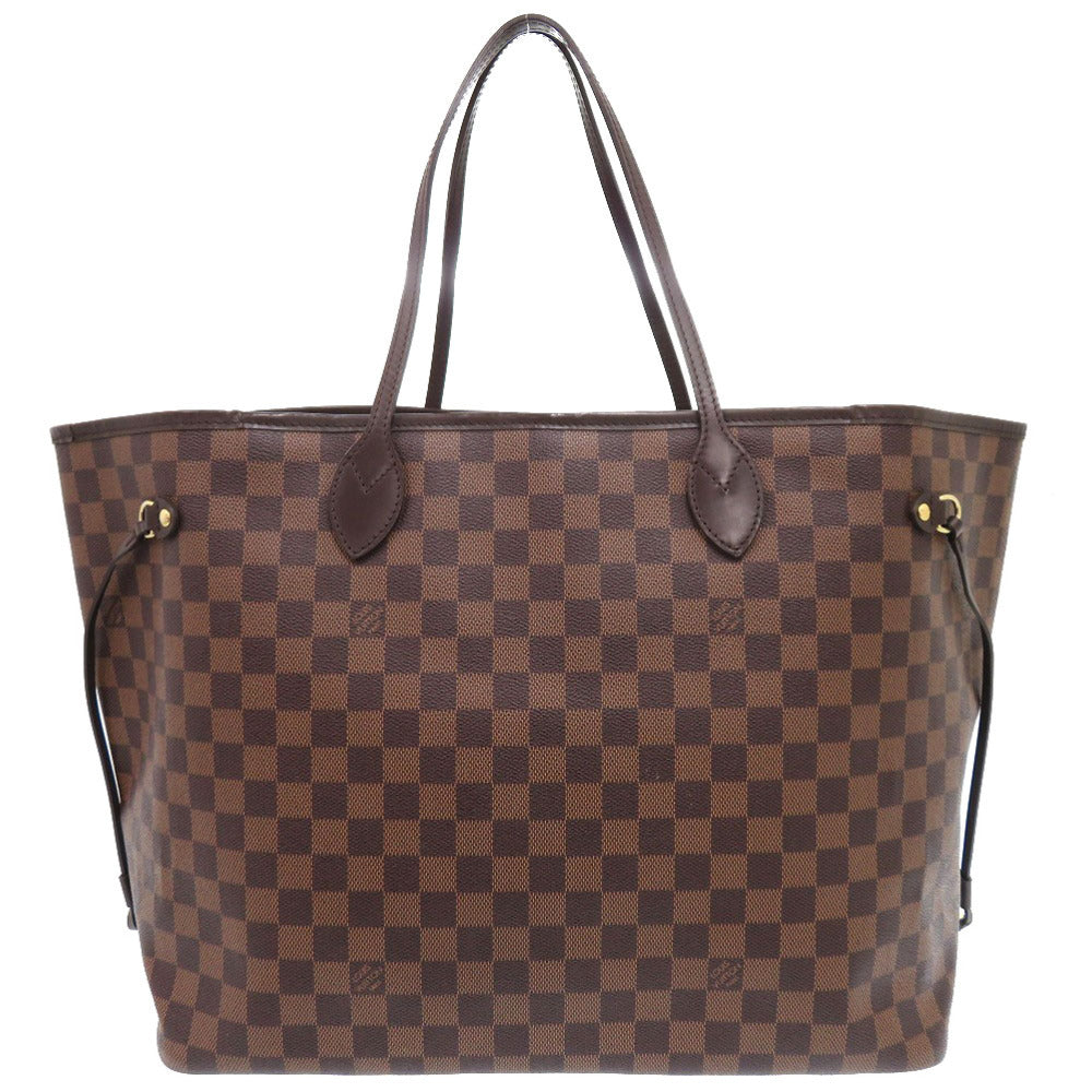 Brown checkered handbag with gold accents on a white background