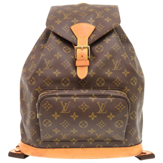 Brown backpack with monogram pattern on a white background