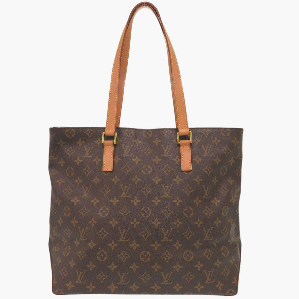 Brown monogram tote bag with tan handles on a white background