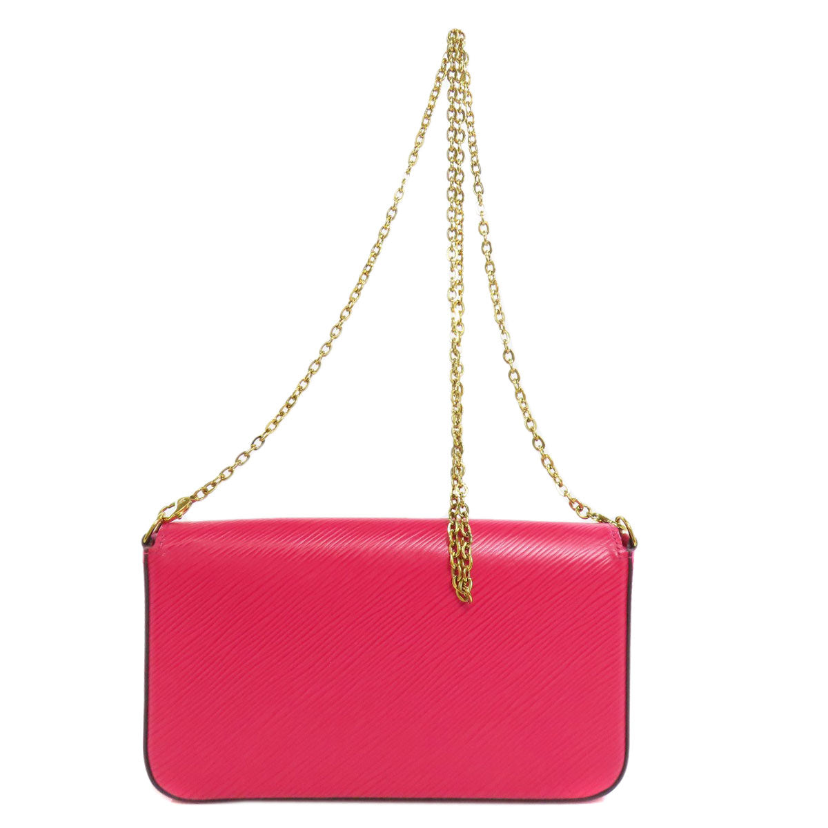 Pink clutch bag with a gold chain on a white background