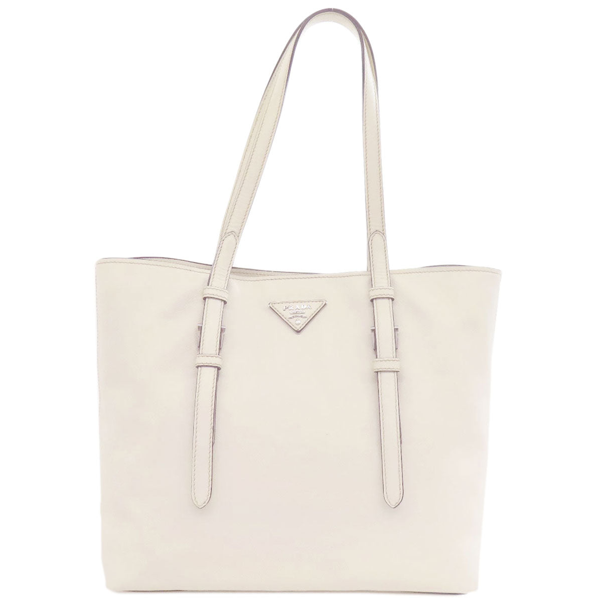 White tote bag with Prada logo on a white background