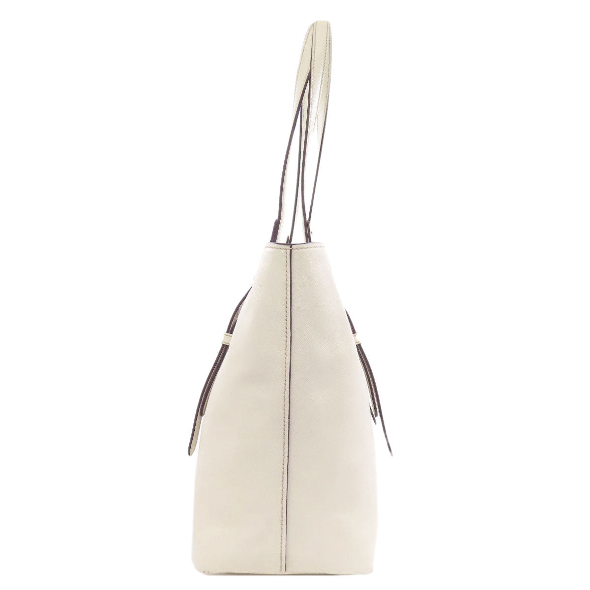 White handbag with a silver handle on a white background