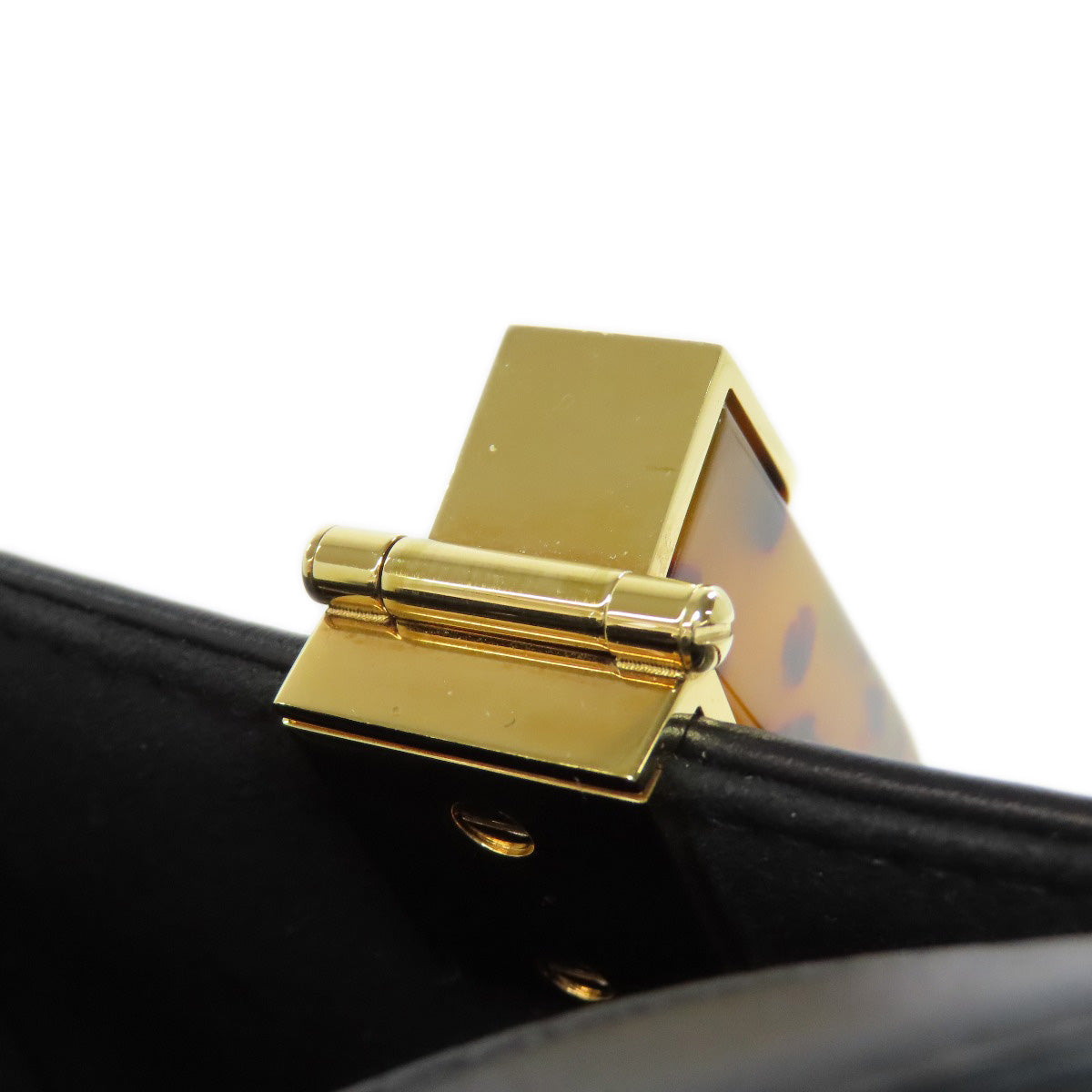 Close-up of a gold clasp on a black handbag with a white background