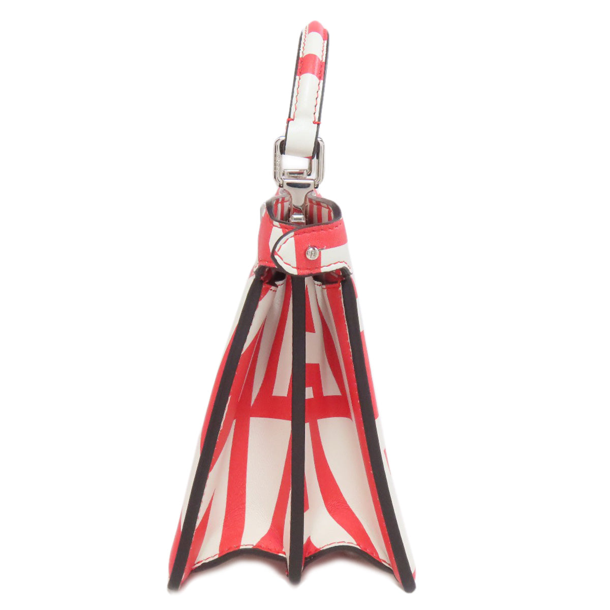 Red, white, and black striped keychain with a carabiner on a white background