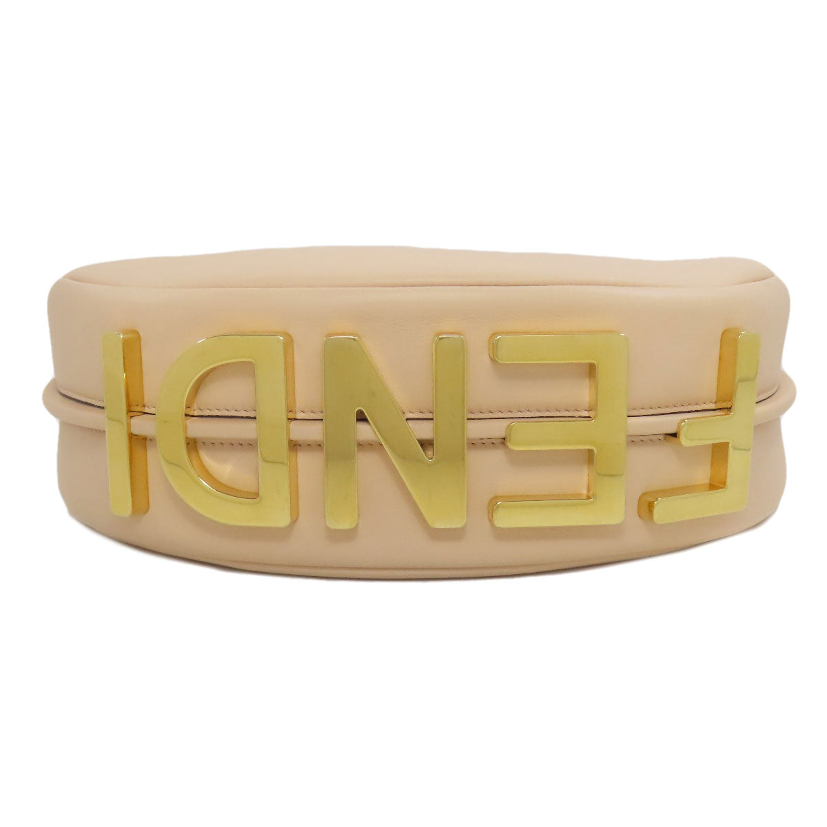Beige belt with gold 'Fendi' letters on a white background