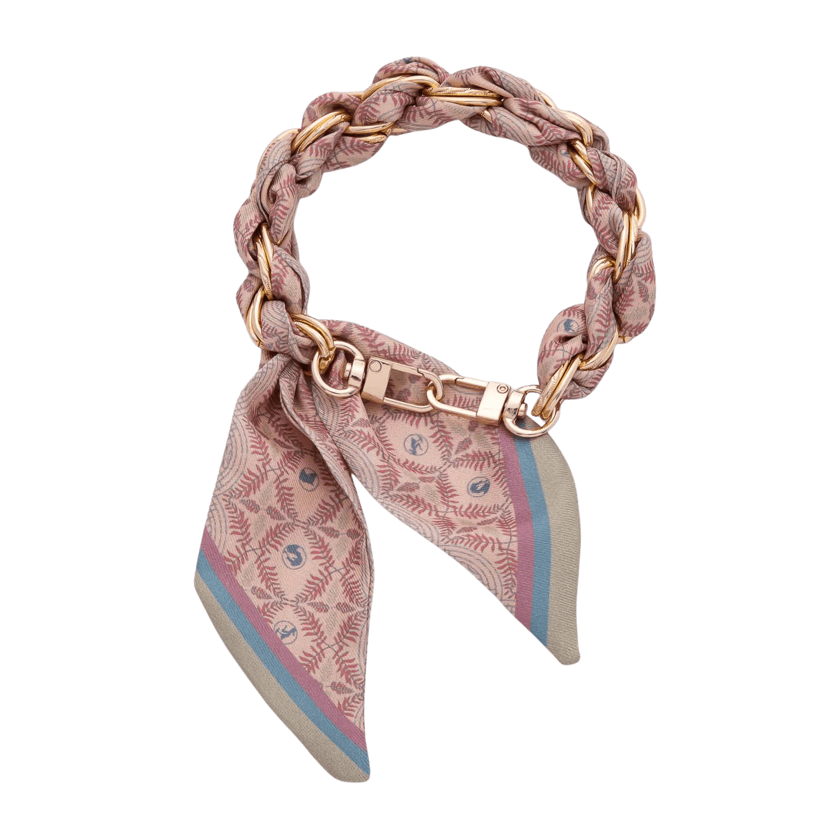 Pink braided hair tie with gold chain on a green background
