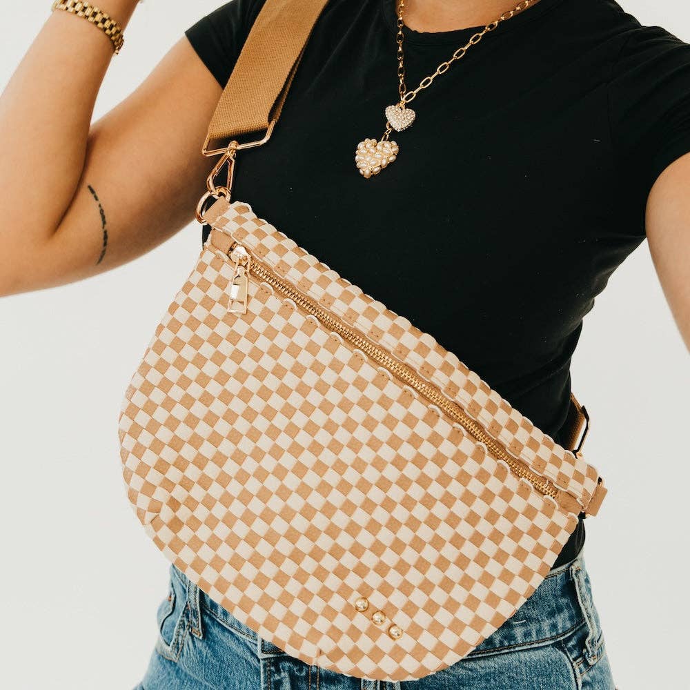 Westlyn Woven Bum Bag – Checkered Tan | Vegan Leather | New