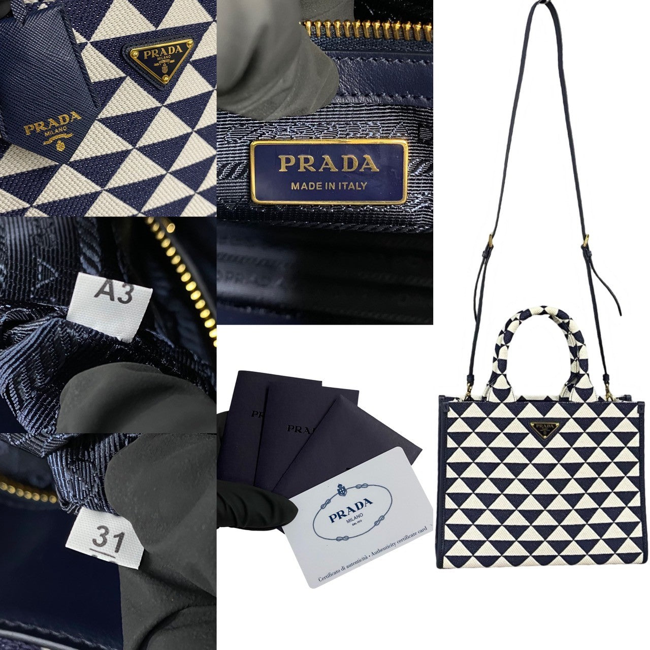 Collage of Prada bags and accessories with geometric patterns and brand logos.