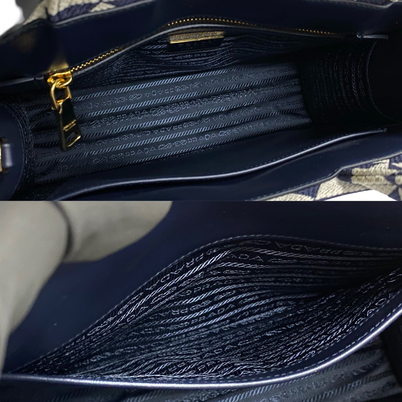 Close-up of a navy blue handbag with gold zipper and textured interior.