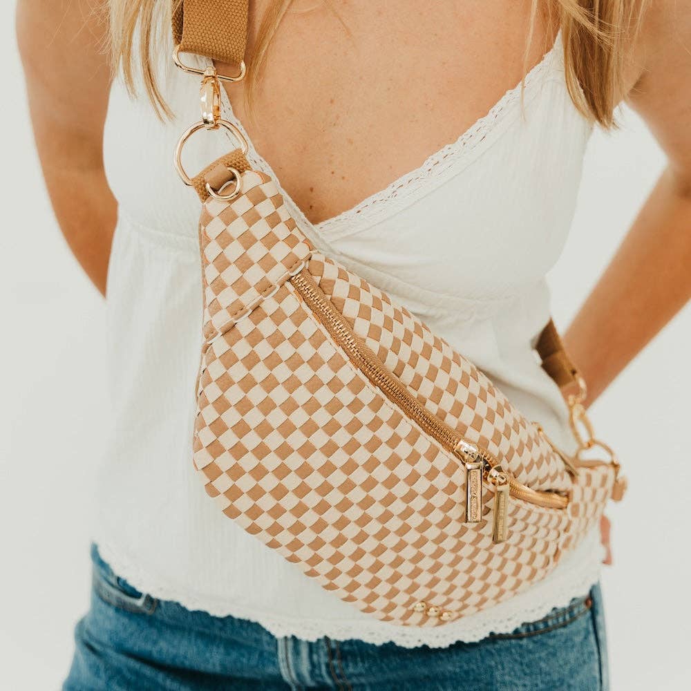 Woven Susie Bum Bag – Checkered Tan | Vegan Leather | Boutique | New