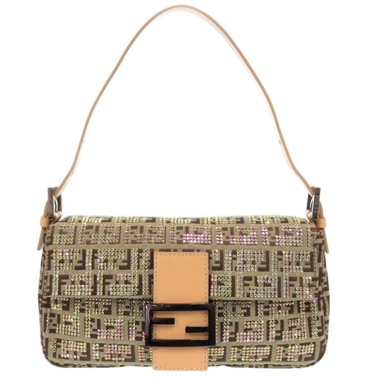 Patterned handbag with a visible brand logo on a white background
