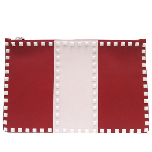 Red and white pouch with studded details on a white background