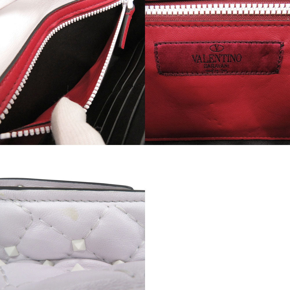 Close-up of a red handbag with a visible brand logo, followed by a white quilted handbag with stud details.