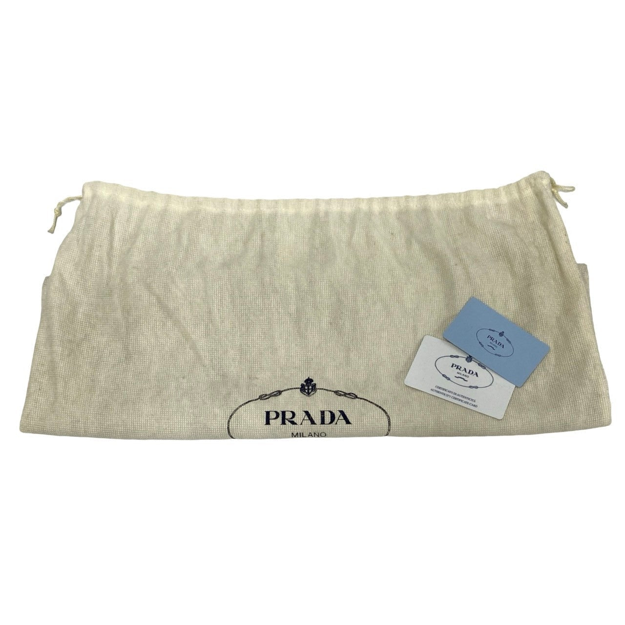 Prada pouch with a card on a white background