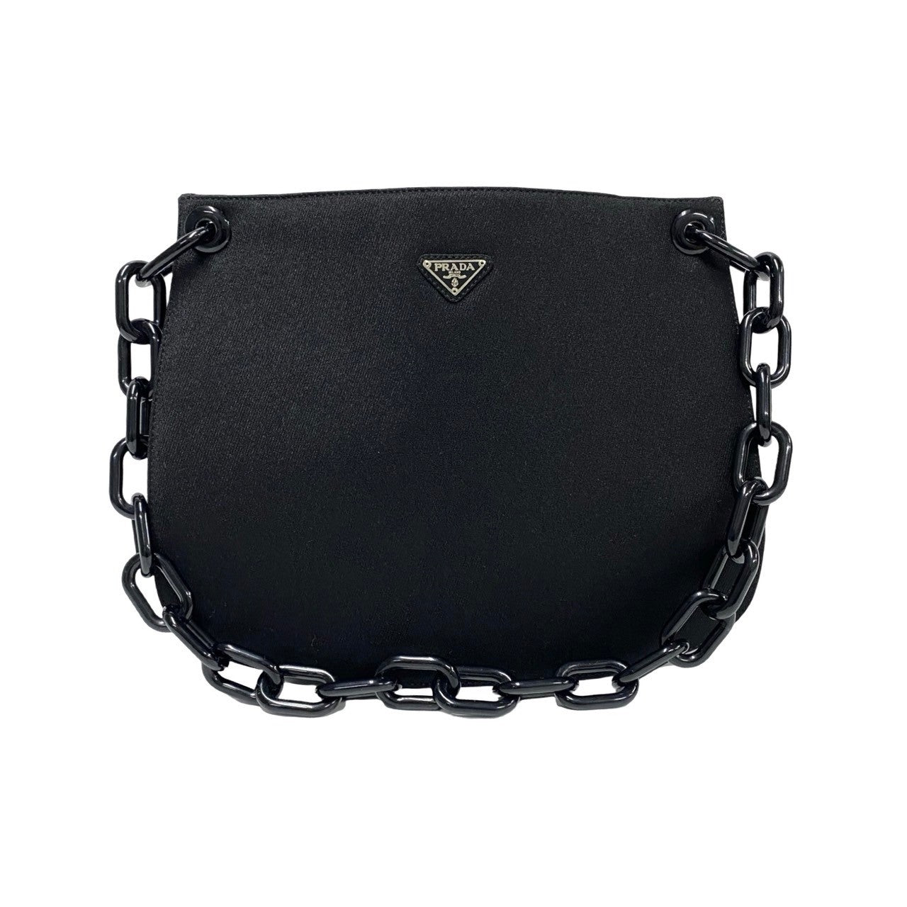 Black handbag with chain detail on a white background