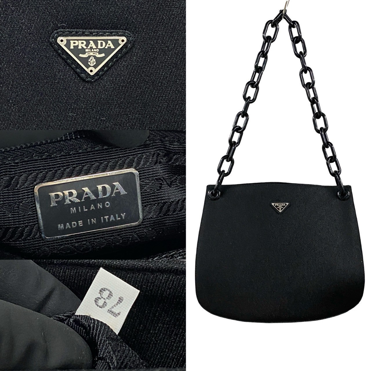 Black Prada handbag with chain strap and branded label on a white background