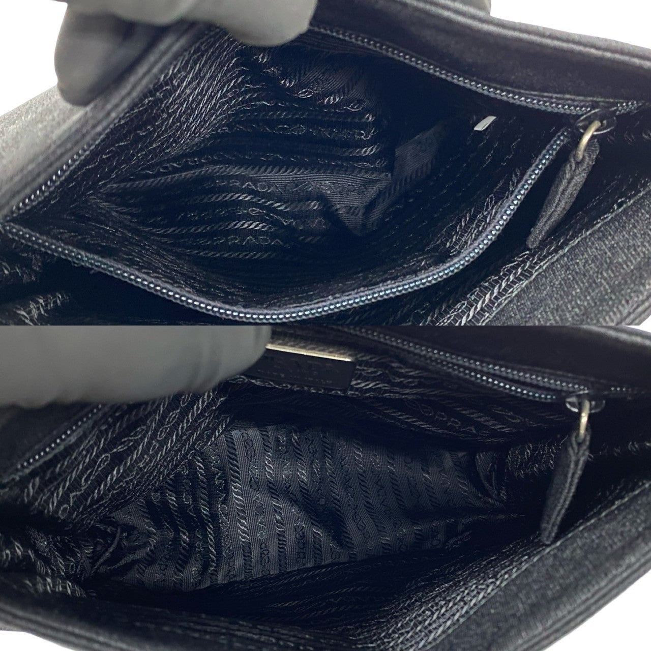 Close-up of a black textured bag with a hand wearing a white glove opening it.