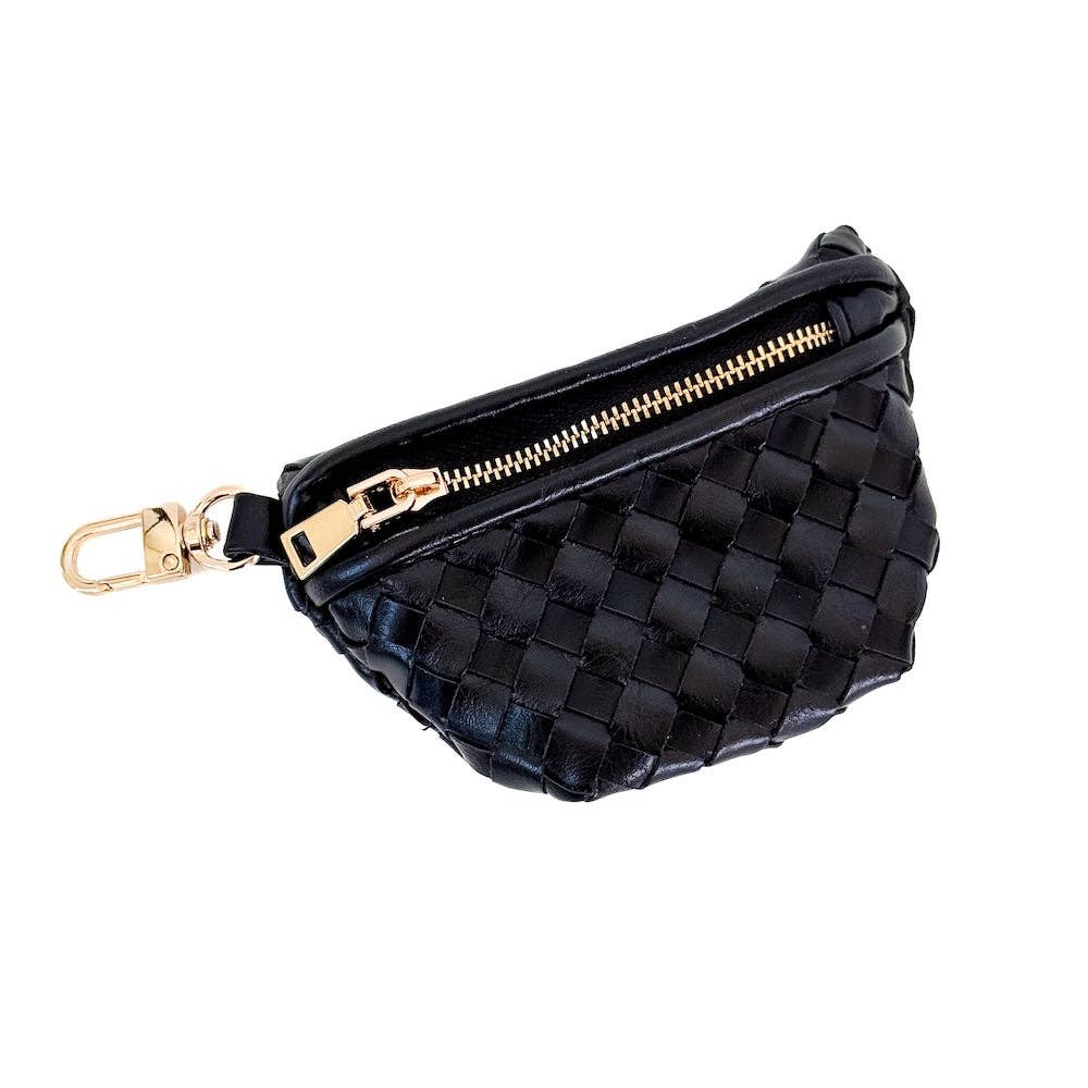 Black woven fanny pack with gold zipper and clasp on a white background