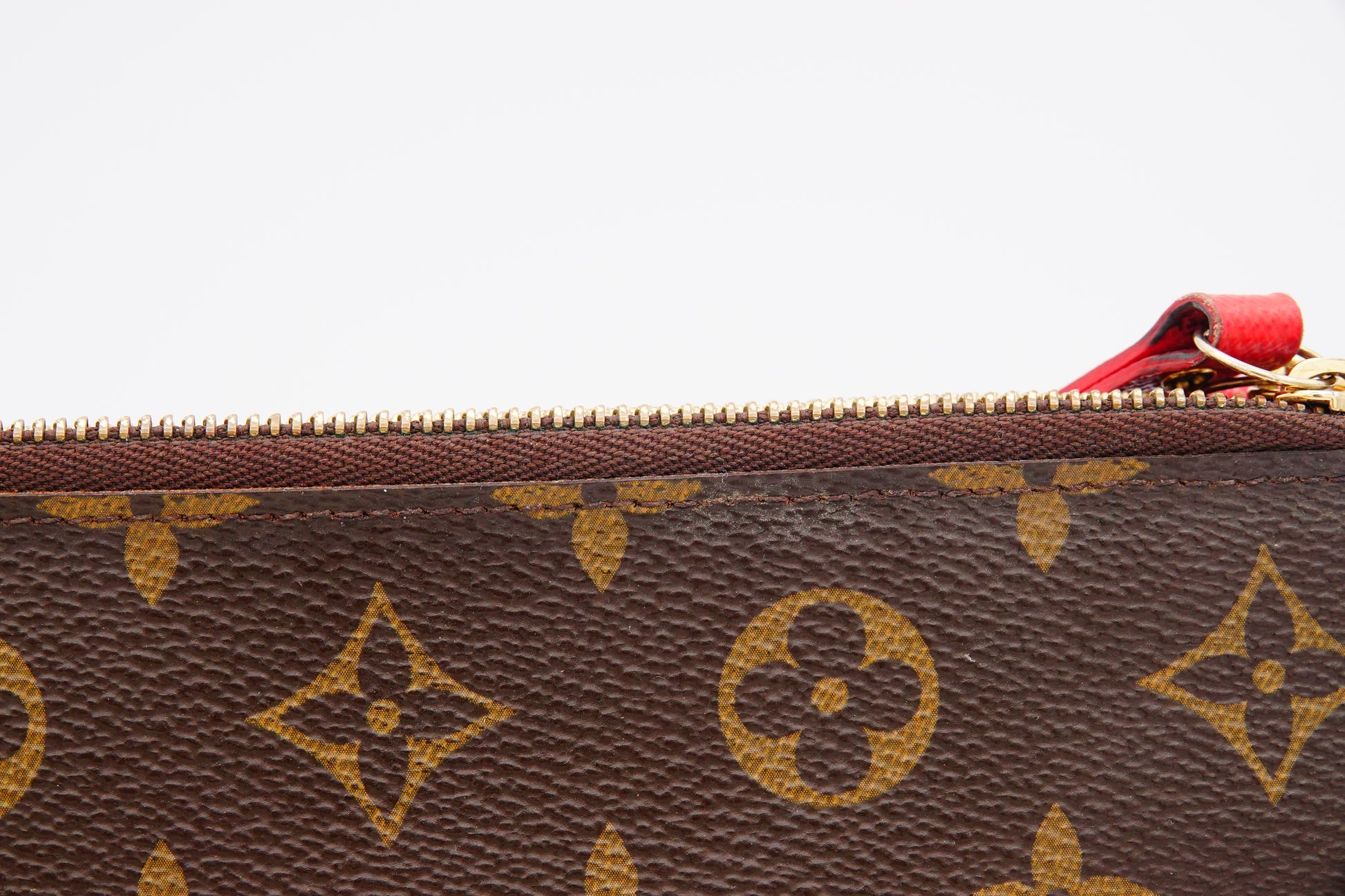 edge wear Louis Vuitton Brown Canvas Monogram Adele Coquelicot Wallet Red