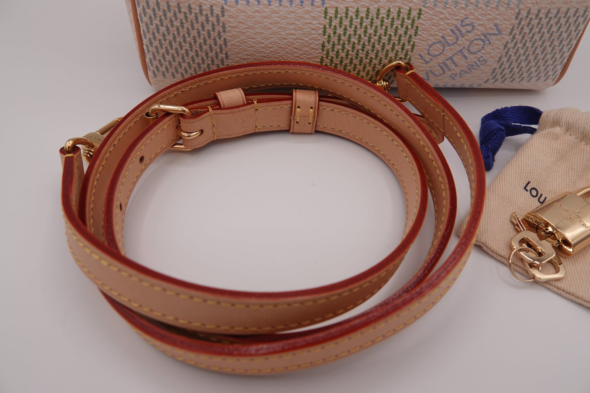 Brown leather dog collar with gold hardware on a white background, with a Louis Vuitton bag in the background.
