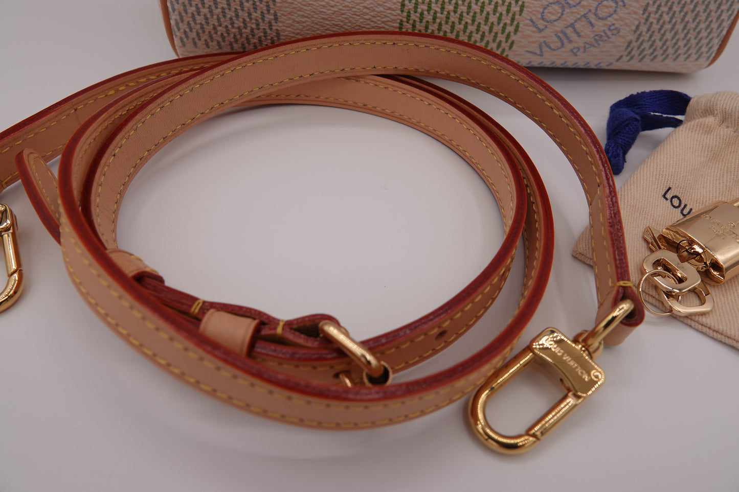 Brown leather dog leash with gold hardware on a white surface, featuring Louis Vuitton branding.