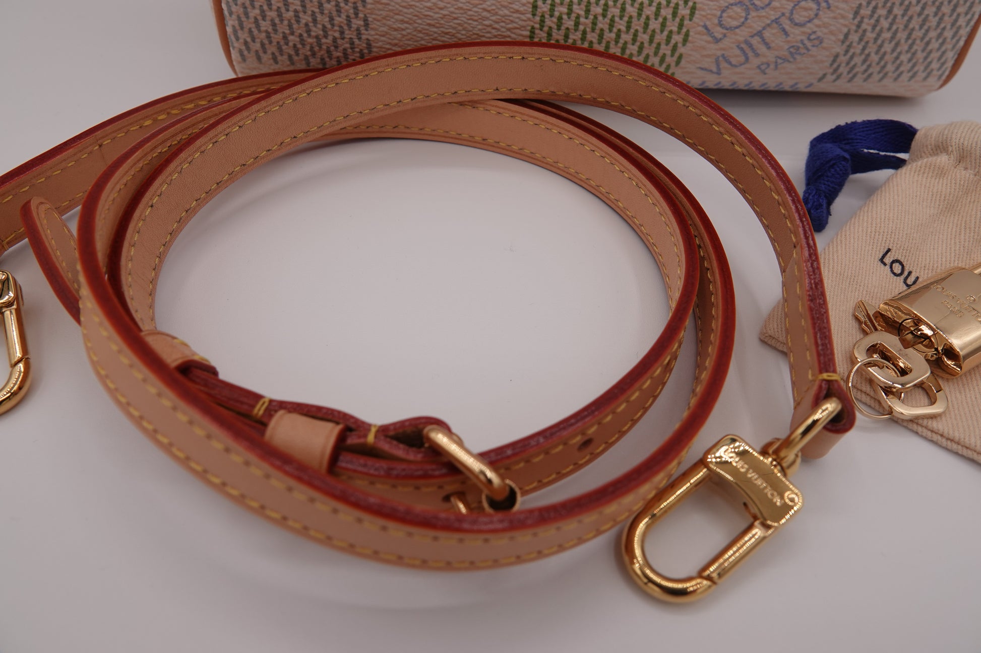 Brown leather dog leash with gold hardware on a white surface, featuring Louis Vuitton branding.