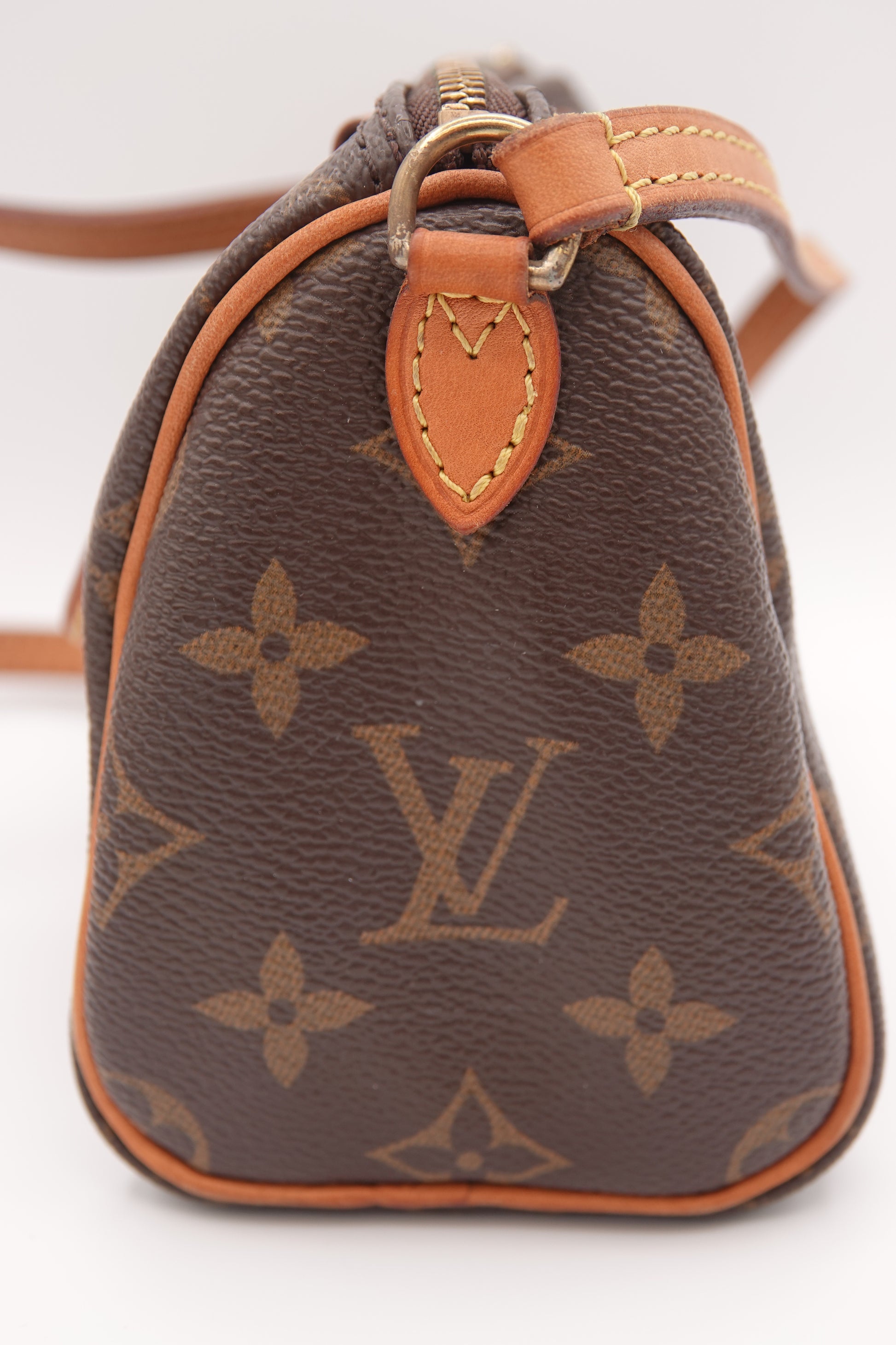 Louis Vuitton monogram handbag with strap on a white background