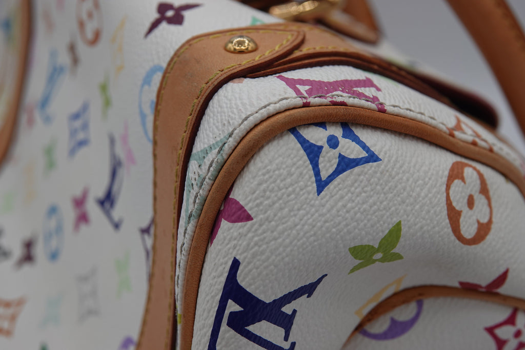 Close-up of a Louis Vuitton handbag with multicolor monogram pattern